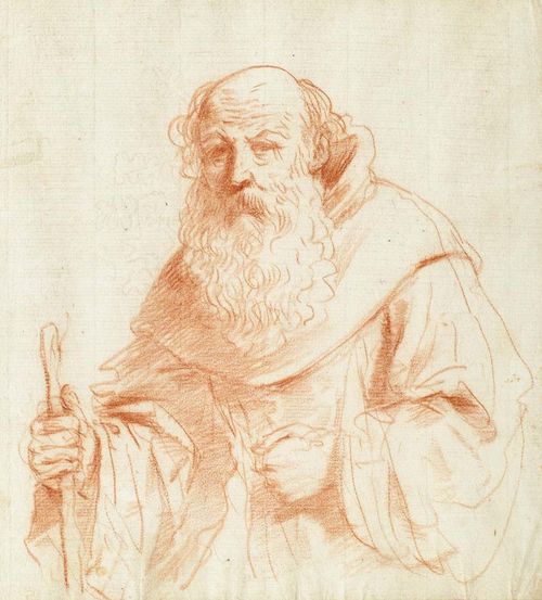 BARBIERI, GIOVANNI FRANCESCO, called GUERCINO (Cento 1591 - 1666 Bologna).A monk resting on a staff. Red chalk drawing on wove paper. With coat of arms of crossed swords, oak leaves and crossed swords above. 19.8 x 19.2 cm. Original mount on wove paper. With collector's number in pen: 56. Verso with old inscription in pencil: Guercino. Gold frame. The lower section slightly rippled, the margins with slight browning. Good condition. - Provenance: René de Cérenville, Geneva. Via inheritance to the current owner.