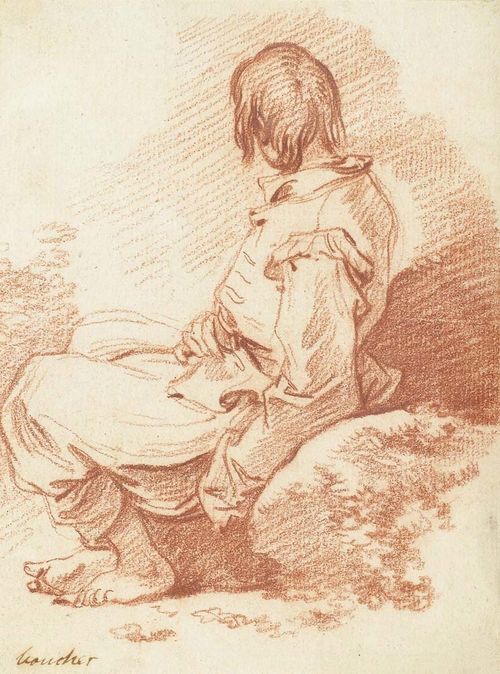 BOUCHER, FRANCOIS (1703 Paris 1770).Boy seated on a stone. Red chalk drawing on wove paper with watermark: VDI(?). 15.3 x 11.3 cm. Old inscription below left in pen: Boucher. Entitled and inscribed verso on frame: Vente Gutekunst und Klippstein, Berne pour Catalogue G.u.K. Alte u. Moderne Graphik I. Teil. 16/17. Mai 1935. No 481. Gold frame. Very attractive spotless sheet. Verso with remains of old mount.  - Provenance: René de Cérenville, Geneva. Via inheritance to the current owner.