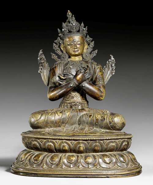 A LARGE AND FINE BRONZE FIGURE OF VAJRADHARA. Tibet, 17th c. Height 48 cm. Lotos throne separately cast.