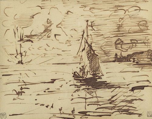 FRENCH SCHOOL.-19th century. Sailing ship in the evening sun. Pen in brown. 15.2 x 19.3 cm. Stamped on lower margin: 1. J. Rosenberg collection (1845-1900), Copenhagen (Lugt 2179a); 2. J. Tardieu collection (b.1857), Marseille (Lugt 1541a). Original mount on backing card. With old inscription verso in pen.: Rembrandt fecit. Framed. - Good condition. - Provenance: Galerie Kurt Meissner, Zurich. Private collection, Switzerland.