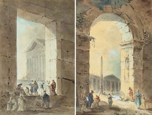 FRENCH SCHOOL.-Circa 1770. Pair of works. 1. Antique arch. 2. Temple with figures. Pen in grey and brown, with wash, watercolour and opaque white. Each 21.5 x 14.2 cm. Original mount. Gold frame. - Very attractive condition. -Provenance: René de Cérenville, Geneva. Via inheritance to the current owner.