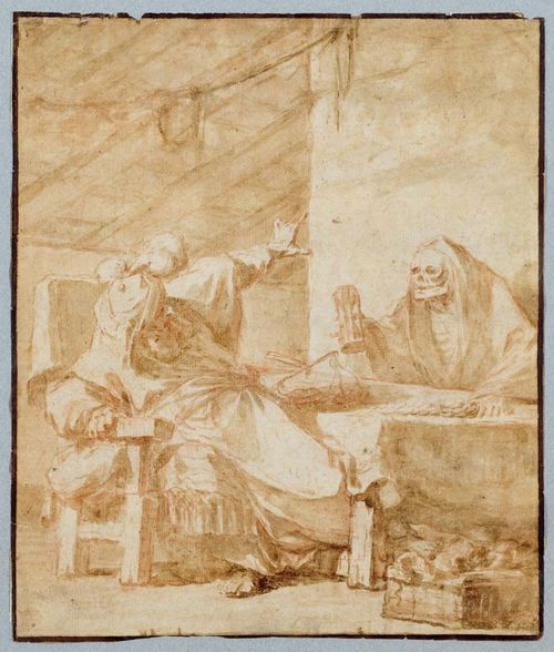 LE PRINCE, JEAN-BAPTISTE (Metz 1734 - 1781 St. Denis du Port), attributed.Vanitas (Death and the Oriental). Brush in brown over red chalk drawing on wove paper. 21 x 18.5 cm. The margin line in brown pen. With old inscription and numbering in pencil verso: Le Prince No. 501. Old frame. - Good condition. - Provenance: Galerie Kurt Meissner Zurich; Private collection, Switzerland.