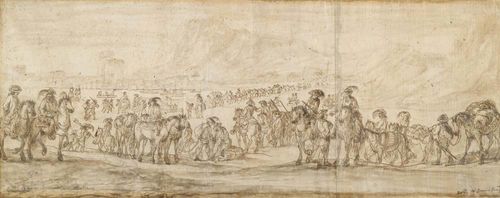 SIMONINI, FRANCESCO (Parma 1686 - 1753 Florence).Broad landscape with soldiers on horseback and on foot. Pen in brown, washed in brown and grey, traces of black chalk. 45 x 110 cm. Edging line in black chalk and brown brush. Signed lower right in pen: Fran:eo Simonini Parm:. Old inscription verso in pen verso.: Stampe firmate Simonini Epoca 700. Framed. - Scattered small worm holes. The margins with small tears and scattered backed tears. Slight foxing in places. Overall good condition.