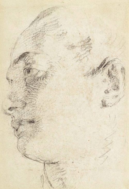 TIEPOLO, GIAMBATTISTA (Venice 1696 - 1770 Madrid).Head of a young woman turned to the left, seen slightly from below. Black chalk drawing on wove paper with watermark. (unclear). 21 x 14.2 cm. Old attribution on back of frame: J..B. Tiepolo and old inscription.: Collection Edouard de Cerenville. Gold frame. - fully laid on backing sheet.  - Expertise by George Knox 03.02.2007. Provenance: René de Cérenville, Lausanne. Via inheritance to the current owner.