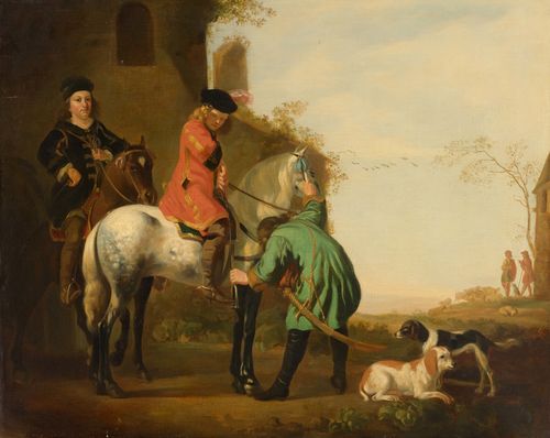 19th century copy of CUYP, AELBERT (1620 Dordrecht 1691) Two riders resting. Oil on canvas. 71.3 x 91.8 cm. Provenance: - Galerie Neupert, Zurich, No. 1446 (label verso). - Swiss private collection.