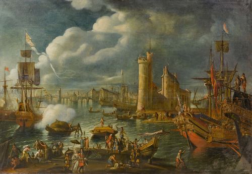 FRANCE, 18TH CENTURY Large harbour scene with figures, with a view of a city, probably Paris. Oil on canvas. 126.5 x 187 cm.