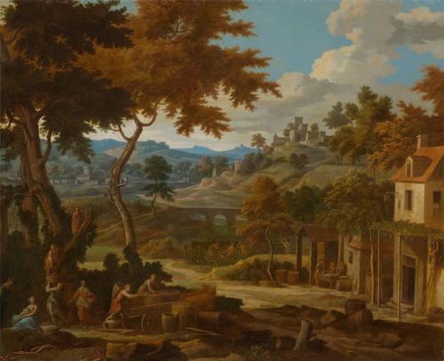 GLAUBER, JOHANNES (Utrecht 1646 - 1726 Schoonhoven) Grape harvest in an Italian landscape. Oil on canvas. 54.1 x 67.6 cm. Expertise: Dr. Walther Bernt, 24.1.1970 (as Johannes Glauber). Provenance: - Collection of  H. van Beek, No.32 (label verso). - Swiss private collection. Exhibited: Bündner Kunsthaus Chur, Inv. No.1976/3173, loan 16 (label verso).