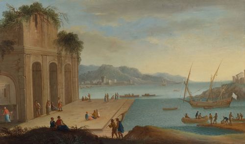 Circle of GREVENBROECK, ORAZIO (active in Paris circa 1670 - 1740) Pair of works: Harbour scene with a flotilla / Temple ruins in a harbour. Oil on copper. 21.2 x 36.4 cm / 21.5 x 36.5 cm.