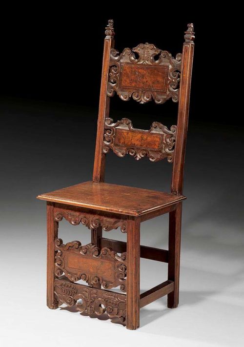 WALNUT CHAIR,Baroque, Italy, 18th century With stretcher, flat backrest and lateral scrolls. 53x38x52x127 cm. Provenance: Private collection Zurich.