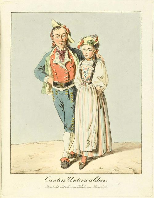 König, Franz Niklaus. [Collection de costumes suisses tires du cabinet de M. Meyer, d'Aarau, par F.-N. Koenig. A Unterseen, chez l'auteur et à Berne, chez Bourgdorfer]. N.d. [1804]. 24 depictions of trad. costumes in vernis-mou. Cont. hf.leather with gt. spine and red sp. label, lrg. qto. (lightly rubbed and bumped). Colas 1644. Lipperheide GA 19. Lonchamp 1695. Missing title replaced by later handwritten one.