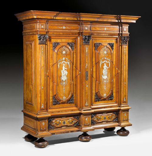 IMPORTANT HALL CABINET "FLORA UND CUPIDO", Baroque, Brunswick circa 1720/30. Walnut, burlwood and local fruitwoods with finely engraved ivory inlays. Large iron lock. Some losses. 245x85x235 cm.