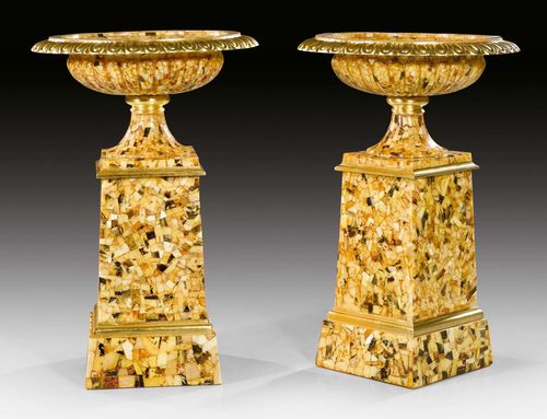 PAIR OF LARGE AMBER FOOTED BOWLS WITH PEDESTALS,Empire style, probably Russia. Amber on wood, with marquetry decoration and parcel gilt. H 80 cm.