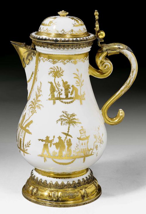 LARGE COFFEE POT WITH FINE SILVER GILT MOUNT AND GOLD CHINESE DECORATION, MEISSEN, CIRCA 1720-24. Painted in Augsburg in the Seuter workshop, circa 1720-24. The Augsburg silver gilt mount by Paul Solanier (1635-1724). Decorated with gold etched Chinoiserie scenes with plants and pagodas and Augsburg ornamental borders. Finely chased and engraved silver gilt mounts, Augsburg, Paul Solanier (goldsmith, born Nuremburg 1635, maitre 1666, died 1724). With remains of letters in lustre on the lid and the underside of the coffee pot. Inspection mark for Augsburg and maker's mark PS. H 25.3cm. Provenance: Private collection, Switzerland .