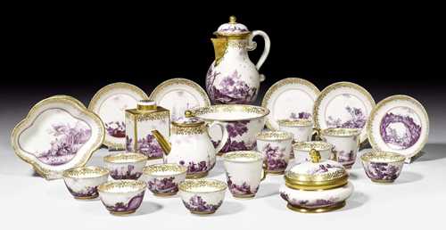 FINE COFFEE AND TEA SERVICE WITH MERCHANT SCENES IN PURPLE, MEISSEN, CIRCA 1730-35.Comprising: 1 coffee pot and lid, 1 teapot and lid, 1 tea caddy and lid, 1 sugar bowl and lid, 1 bowl, 6 cups and 5 beakers and 6 saucers. Underglaze blue sword marks, potter's mark.