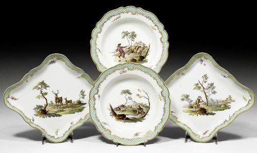 PIECES FROM A DINNER SERVICE WITH FABLE SCENES, MEISSEN, CIRCA 1775-1814. Two soup plates and two diamond-shaped dishes. Verso titled in purple 'Le loup devenue Berger', 'Le Veilard et l'Ane', 'Le Fan et le Ferf', 'L'Agneau et le Loup'. Underglaze blue sword marks with star and additional mark.