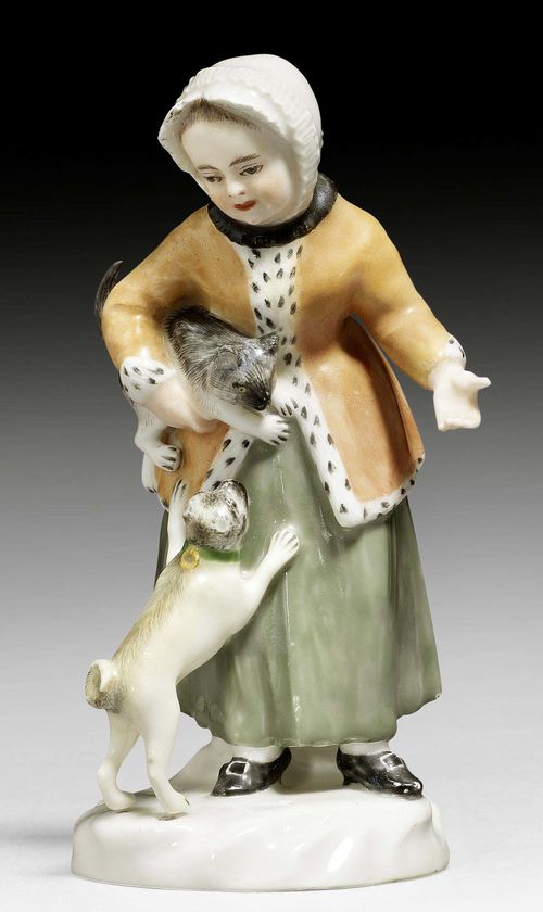 GIRL WITH PUG AND CAT, ALLEGORY OF WINTER, ZURICH, CIRCA 1768-70.From a series of the mid seasons. Two dots in underglaze blue. H 11.8cm.