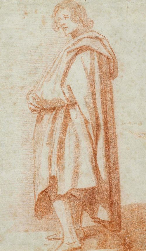 FLORENTINE SCHOOL, END OF THE 16TH CENTURY. Standing man seen from the side. Red chalk. On laid paper with watermark: bishop’s hat (Briquet 3369, circa 1500). 39.3 x 25.3 cm. Old inscription lower right: Salimbeni. Framed.