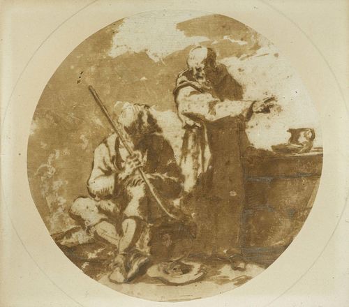 FRENCH SCHOOL, 17TH CENTURY. Monk and beggar near a table. Pen and brush in brown. 15.8 cm (round). Framed.
