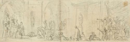 FRENCH SCHOOL, 18TH CENTURY. Study of a festive gathering with a scene of homage paid. Black chalk. 11.6 x 34.8 cm.