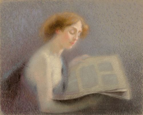 FRENCH SCHOOL, CIRCA 1900. Woman reading a journal. Pastel, 50 x 65 cm.