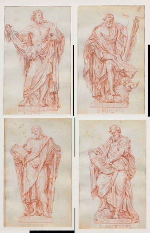 ROMAN SCHOOL, 18TH CENTURY. The apostles Bartholomew, Philip, Simon and Matthew. Red chalk on laid paper with watermark: anchor in circle. 18 x 12.5 cm. All four sheets inscribed in red chalk below the image. Framed together.