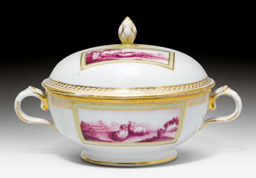 ECUELLE,Nyon, ca. 1781-1813. Painted with purple landscape vignettes with animals, framed in green and with wave band borders on a gold ground. Unmarked. Finial has old repair. D 16 (incl. handle) cm. Provenance: Private collection, Geneva.