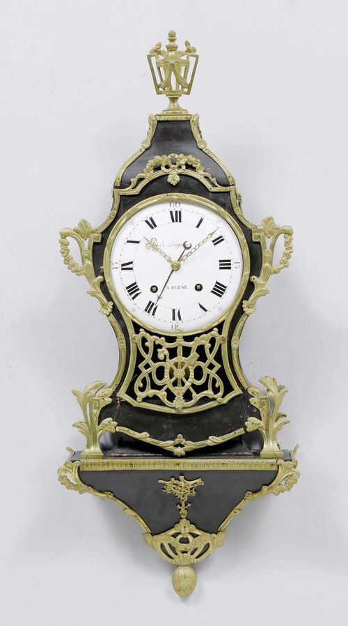 A PAINTED CLOCK ON PLINTH, Louis XVI, Neuchâtel, the dial signed A. HUGUENIN A BERN. Painted wood with bronze mounts. Movement with verge escapement striking the 1/4 hours on 2 bells. Repeat function. Alarm on bell. H 96 cm.