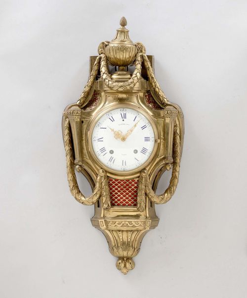 A BRONZE CARTEL CLOCK, Louis XVI, France circa 1780. The dial signed RAINGO FRÈRES À PARIS. White enamel dial (probably later). Movement with anchor escapement striking the 1/2 hours on bell. H 71 cm.