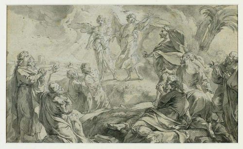 BAUMGARTNER, JOHANN WOLFGANG (Kufstein 1712-1761 Augsburg) Visitation of the angels. Grey pen, grey wash, heightened in white, on grey-green laid  paper. 17.4 x 29 cm. The attribution to Baumgartner was supported by Prof. Dr. Bruno Bushart in a letter to the present owner, dated 26,01,1995. Provenance: Collection B.Cremer, not in Lugt unknown collector's stamp: LC (verso), not in Lugt further illegible collectors stamp