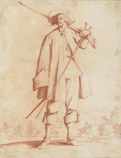 CALLOT, JAQUES (1592 Nancy 1635) circle of Standing foot soldier with long gun,  cavalry battle in background. Drawing in red chalk. Pencil inscription on lower left: J.Callot del. 20.2 x 15.5 cm. Framed.
