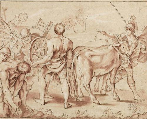 CARRACCI, ANNIBALE (Bologna 1560 - 1609 Rome) after Romulus and Remus establishing Rome's boundaries. Black pen over black chalk, red-brown wash, heightened in white. Old attribution on back: Hans Rottenhammer. 21 x 26 cm. Framed. Provenance: Unidentified collector's stamp After Annibale Carricci's fresco at the Palazzo Magnani, Bologna.