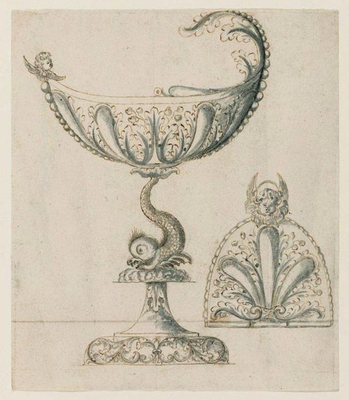 GERMAN, 17TH CENTURY Sketch for a silver footed bowl. Brown pen, Grey brush. 20.3 x 17.5 cm.