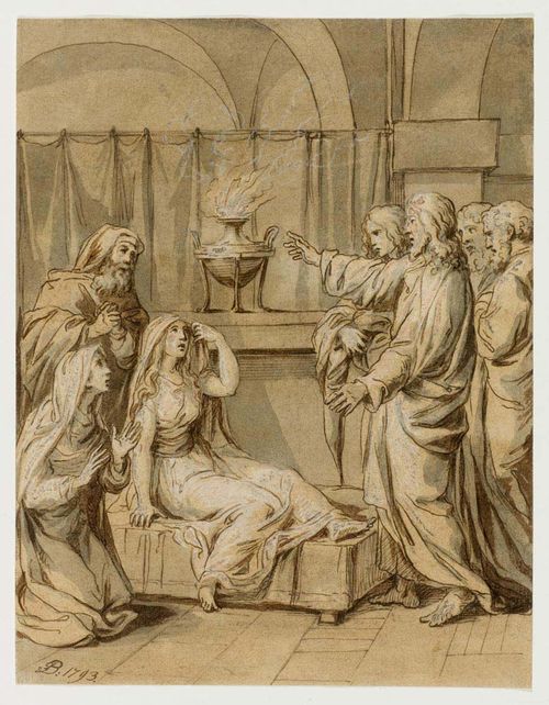 GERMAN, 18TH CENTURY Christ heals a sick woman, 1793. Brown pen, grey and brown wash, heightened in white. Monogrammed and dated in brown pen on lower left: B:1793 24.7 x 19.3 cm.