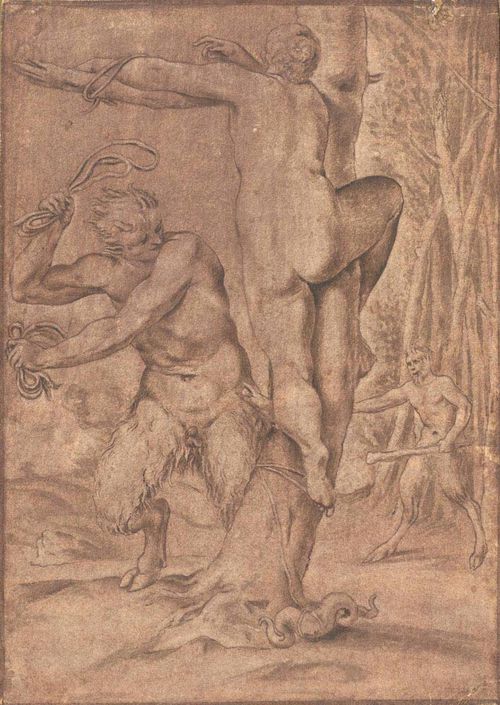 FIALETTI, ODORADO (Bologna 1573 - 1639 Venice) Satyr tying up an abducted nymph. Brown pen, brown wash. 15.5 x11 cm. Provenance: Collection Nazarieff, Geneva
