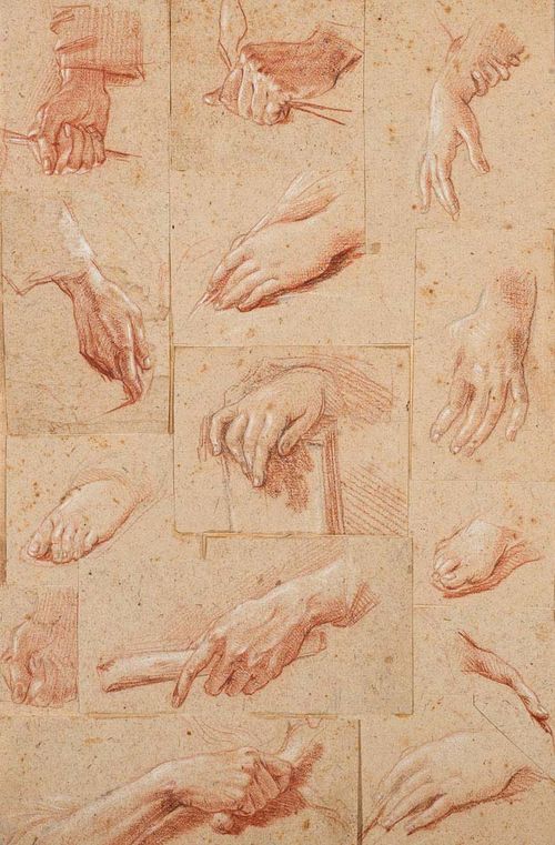 FRENCH, 18TH CENTURY Lot of 17 sheets: 15 hand studies and 2 foot studies. Red and black chalk, heightened in white. 14 hand studies mounted on one sheet: 37 x 24.5 cm. Verso: old inscription: Mignard. Varying sizes.