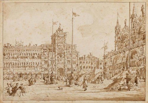 GUARDI, FRANCESCO (1712 Venice 1793), after La Torre dell' Orologio Brown pen on wove paper, with watermark: eagle. 32.8 x 47 cm.