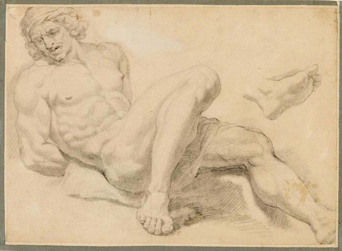 ITALIAN, 17TH CENTURY Sketch of a prone prisoner and foot study. Black chalk on laid paper. Old mount. Verso: old numbering in brown pen: No. 2676. 33.5 x 42.5 cm.
