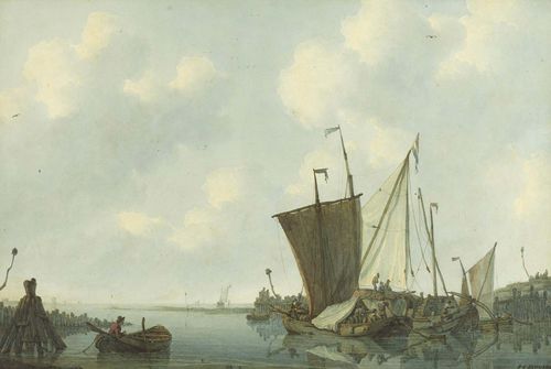 SCHOTEL, JAN CHRISTIAAN (1778 Dordrecht 1838) Coastline with sailing ships at anchor. Watercolour. Signed lower right in black pen: J.C.Schotel 28.5 x 43 cm. framed.