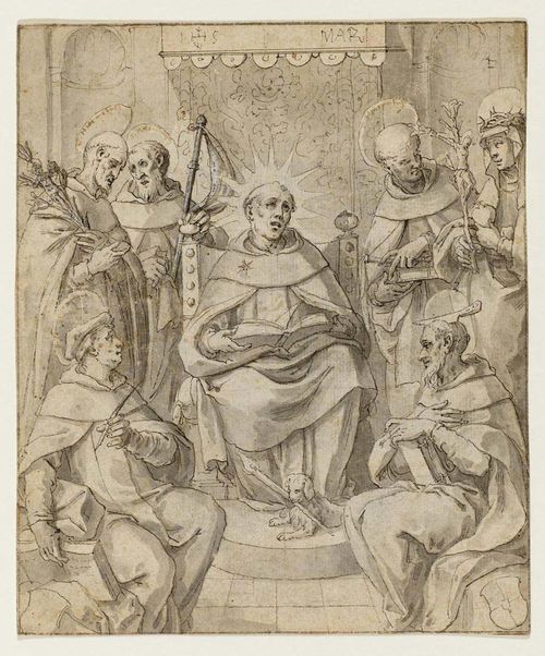 ITALIAN, 18TH CENTURY Congregation of seven saints and martyrs. Black pen, grey wash. Some old halo inscriptions in brown pen (indistinct). 20.6 x 17.3 cm.