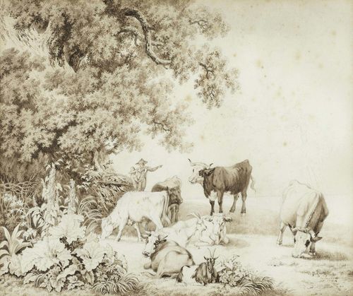 RIVE, PIERRE LOUIS DELLA (1753 Geneva 1817) Idyllic landscape with two young herdsmen, cows and goats. Black chalk, pen and brush in brown. Signed and dated lower right in brown pen: de la Rive 1794. Numbered: 4. Old mount. 39 x 48.2 cm. framed. Provenance: - collector's stamp: J.R. in oval (recto / verso), not in Lugt
