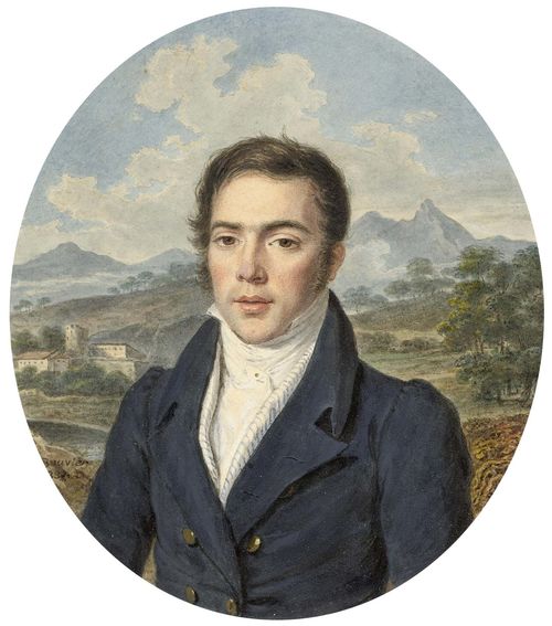BOUVIER, PIERRE LOUIS (1766 Geneva 1836) Portrait of a young man in a blue coat before an Italian landscape. Watercolour Signed and dated on lower left edge: Bouver, (18)33. 13.2 x 11 cm (in oval). Framed.