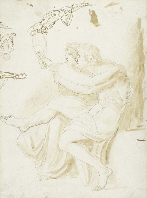 ROMNEY, GEORGE (Dalton-in-Fureness 1734 - 1802 Kendal) Couple embracing, looking into a mirror. Calisto? Pen and brush in brown with black crayon. 38 x 28.2 cm. Framed. Provenance: - collection of L. J. Florens Wijsenbeek , The Hague - private collection Munich