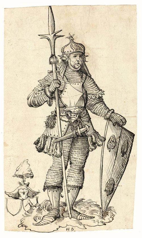 MONOGRAMMIST HB Hans Burgkmair d. J. (1500 Augsburg 1562) ? Standing warrior, ca. 1540. Black pen on laid paper with watermark:anchor with geometrical appendage. Monogrammed in centre bottom: HB. 23.2 x 18.8 cm.