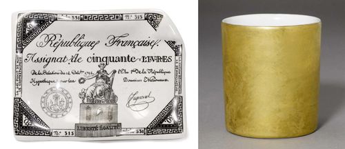 PIERO FORNASETTI (1913 - 1988) VIDE-POCHE, draft ca. 1970 Porcelain with black/white decoration. Cup, gilt porcelain, ca. 1960.