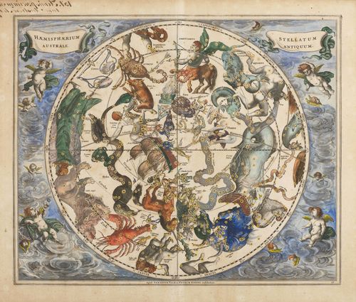 HEMISPHERE MAP.-Andreas Cellarius (1596 - 1665). Haemisphaerium Stellatum Australe Antiquum. Original coloured copperplate engraved map. 43.5 x 51 cm. Amsterdam, G. Valck & P. Schenk, 1708. Framed. - Sheet 27 of the famous atlas Harmonia Macrocosmica seu Atlas Universalis et Novus by Andreas Cellarius, this from the 1708 edition. Very fine exemplar with margins and strong colour. Minor browning in parts. Overall good condition.