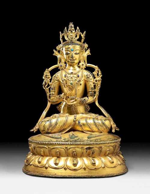 MAITREYA.Tibet, 15th century. H 34 cm. Gilt bronze. Richly decorated with semi-precious stones. The base not closed.