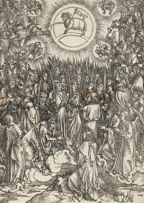 DÜRER, ALBRECHT (1471 Nürnberg 1528).Lobgesang der Auserwählten im Himmel / Anbetung des Lammes. Circa 1496/97. From the Apocalypse, sheet 12. Woodcut, 39.3 x 27.9 cm. Bartsch 67; Schoch/Mende/Scherbaum 124; Meder 176, Latin edition of 1511. - Excellent even impression, with fine margin around the outer line. Scattered insignificant foxing in the centre and the left margin. Old notations in pencil verso. Overall very fine condition.