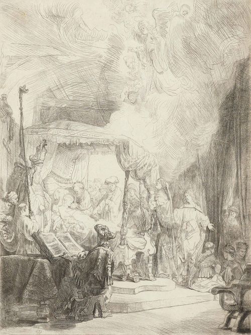 REMBRANDT, HARMENSZ VAN RIJN (Leiden 1606 - 1669Amsterdam).The death of Mary, 1639. Etching on wove paper with watermark., 40.2 x 31,4 cm. Bartsch 99; White/Boon (Holstein) 99; Nowell-Usticke 99 III (of V, before the revision by Watelet); White/Boon (Hollstein) 99 II (of III). Gold frame. - Very fine and clear impression with margin around the upper, right and left plate edge, the lower edge cut to just within the broad plate edge. - Very good condition.