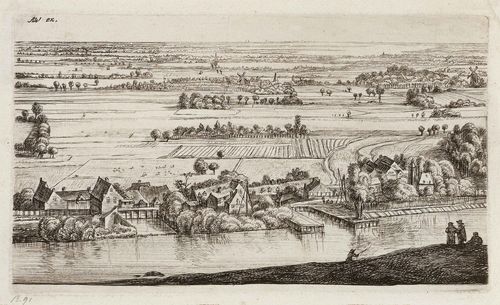 WATERLOO, ANTHONIE (Lille 1610 - 1690 Utrecht).Set of six landscapes: 1. The road to the stream. Hollstein 89 I (of II); 2. View of a Dutch town (Rhenen). Etching, 12 x 21 cm. Hollstein 90 II (of II); 3. The village by the river. Hollstein 91 (II of III); 4. The town on the hill. Hollstein 92, probably II (of III); 5. The town in the valley. Hollstein 93 II (of III); 6. The mill at the foot of the mountain. Hollstein 94 II (of III). Etchings, each  ca. 12 x 21 cm. - In excellent, even and strong impressions with margin (ca. 0,5 cm) around the plate edge. Scattered minor paper loss in margins and three corners. Otherwise in very good condition. - Provenance: Collection of  Lobanoff-Rostovsky, St. Petersburg, Lugt 2005; Collection of  Kunsthalle Hamburg, Lugt 1328 Collection of  Conrad Baumann v. Tischendorf; Private collection  Switzerland .