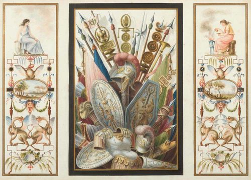 SMUGLEWICZ, FRANCISZEK (Warsaw 1745 - 1807 Vilnius) Lot of 2 sheets: Wall decorations with war trophies. A pair. Watercolour over pencil. 48.7 x 68.5 cm (visible dim.). Each framed.